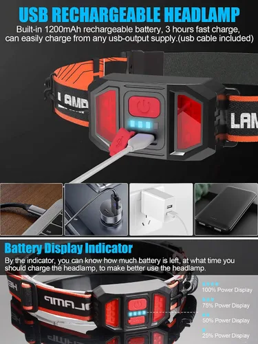 Miniatura 5 de Linterna Frontal LED 4 Unidades, 1000 Lúmenes 230° Haz Ancho, Lámpara de Cabeza Recargable USB con Luz Trasera Roja, Linternas Frontales Ligeras e