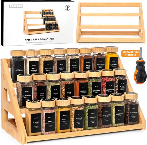Miniatura 8 de EDELHAUS Organizador de Cajón de Especias de Bambú - Estante de Especias Expandible de 4 Niveles (Necesita Cajón de 3" de Profundidad) de 12" a 24