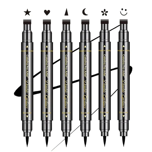 Juego de 6 sellos delineadores de ojos de doble cabeza, color negro, con estrella, luna, corazón, flor, sonriente, triángulo, plantillas para