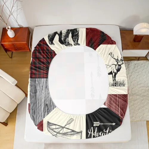 Miniatura 5 de Rustic Lodge - Juego de sábanas tamaño individual con diseño de oso y alce, diseño de retazos, color rojo y negro, a cuadros, ropa de cama de Multi