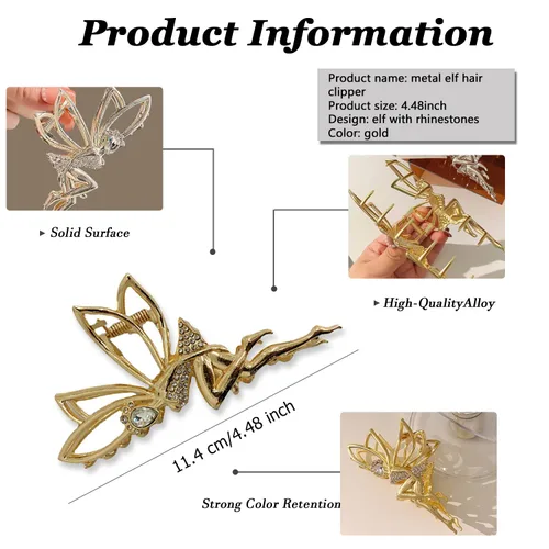 Miniatura 2 de Pinzas de pelo de elfo simples con diamantes de imitación, pinzas de metal dorado grandes para cangrejo, horquillas para el cabello, elegantes