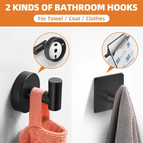 Miniatura 4 de Juego de 5 piezas de accesorios de baño negro mate, juego de toalleros de acero inoxidable 304 redondo montado en la pared, incluye barra de toalla