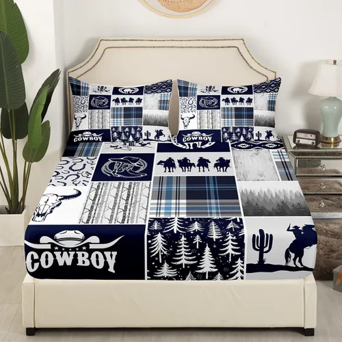 Miniatura 3 de Western Cowboy - Juego de sábanas para niños, tamaño individual, juego de ropa de cama rústica de herraduras, cactus y herraduras, decoración