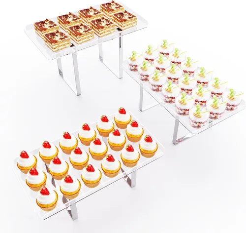 Miniatura 9 de Bakzon Soporte de 3 piezas para cupcakes, juego de mesa de postres de acrílico transparente con patas de soporte de hierro para cumpleaños