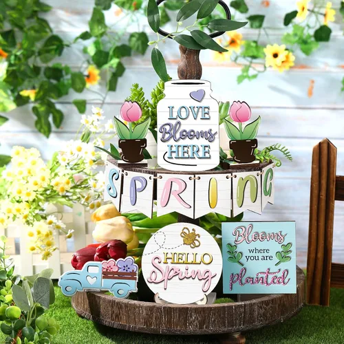 Miniatura 5 de Patelai Juego de decoración de bandejas escalonadas de madera pastel Hello Spring Decor Truck Tulipán Flower Table Signs, decoración rústica