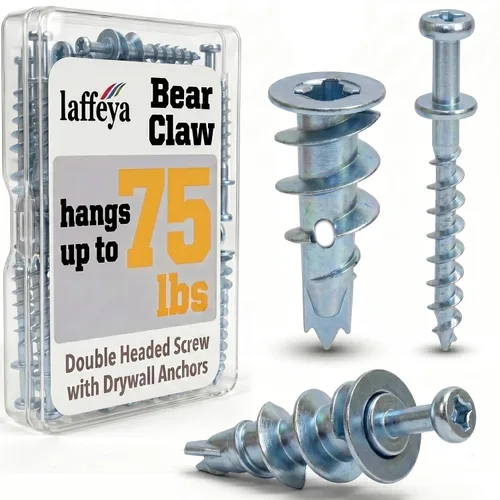 laffeya Bear Claw - Tornillo de doble cabeza y anclajes autoperforantes para paneles de yeso #8, kit de colgadores de fotos, 25 tornillos de garra