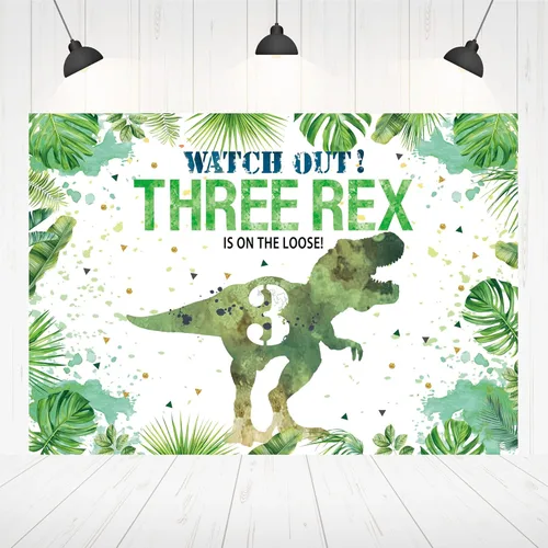 Hilioens Telón de fondo de cumpleaños de 3 x 3 pies para niños, dinosaurio de tercer cumpleaños, fondo de hojas verdes, decoración de fiesta