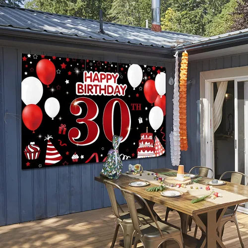 Miniatura 5 de Cartel de feliz cumpleaños 30 para patio, pancarta de feliz cumpleaños 30 en negro y rojo, decoración para mujeres y hombres, fondo grande de 30