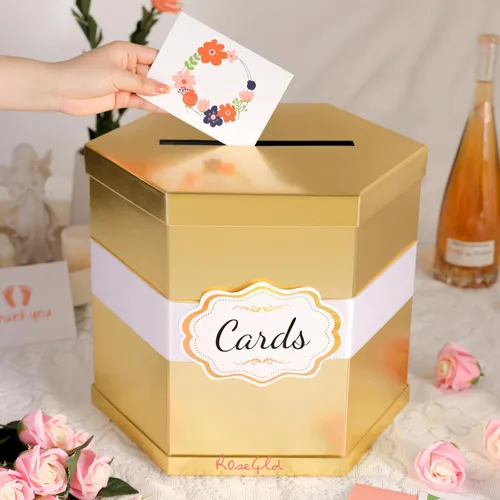 Miniatura 2 de ROSEGLD Caja de tarjetas, caja de recepción de tarjetas con cinta de 14 x 12 x 12 pulgadas, elegante soporte para tarjetas para bodas, graduaciones