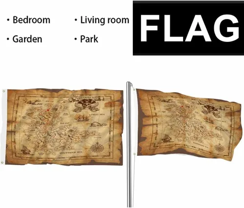 Miniatura 6 de Bandera Pirata de Swono - Mapa del Tesoro Mar de Coral Brújula Calavera para Jardín Interior y Exterior, Hogar, Granja, Bandera en Pie 3x5 pies