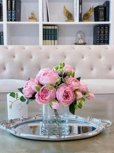 Miniatura 8 de Ramo de peonías artificiales de seda, 4 paquetes de rosas persas sintéticas con hojas de eucalipto para decoración del hogar, boda, fiesta