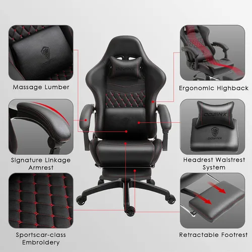 Miniatura 6 de Dowinx Silla de juegos grande y alta, silla de juego ergonómica para adultos con reposapiés y soporte lumbar de masaje, respaldo alto, silla de Negro