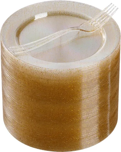 Goodluck 240 platos de plástico de postre con purpurina dorada de 7 pulgadas con tenedores de 7.4 pulgadas, platos dorados para aperitivos para 120