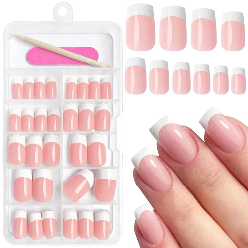 AddFavor Uñas Postizas de Punta Francesa Cortas, 120 piezas Uñas Postizas Blancas con Punta Francesa Uñas Postizas Cuadradas Nude Uñas Acrílicas