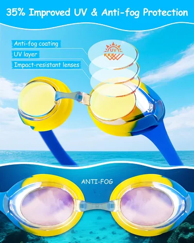 Miniatura 3 de Gafas de natación para niños, antivaho y protección UV con gorro de natación para niños de 3 a 15 años Azul y Amarillo