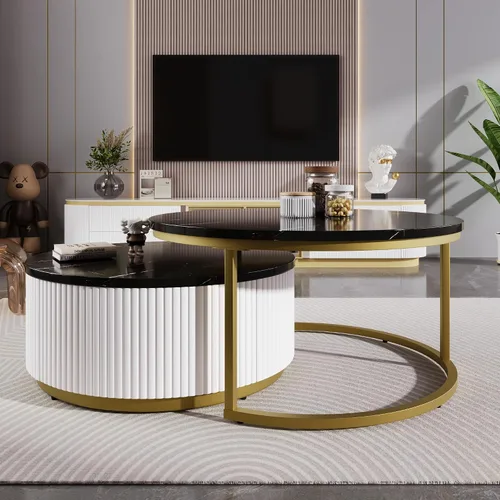 Miniatura 5 de Moderna mesa de centro redonda anidable acanalada con cajón en negro y dorado en 27.6 pulgadas