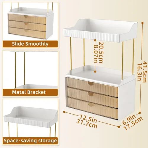 Miniatura 2 de StorBin Organizador de maquillaje de 3 cajones grandes, organizador de encimera de baño de 5 niveles y almacenamiento, organizador versátil de Ámbar