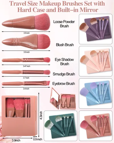Miniatura 3 de PGRODE Mini juego de brochas de maquillaje de tamaño de viaje con estuche rígido y espejo integrado, 5 brochas pequeñas para cosméticos, kits