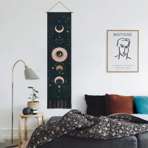 Miniatura 2 de Arte para colgar en la pared de fase lunar, tapiz bohemio para habitación (negro, 12.8 x 51.2 pulgadas)