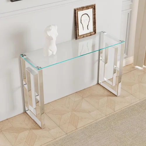 Miniatura 6 de Mesa consola de cristal, moderna mesa de entrada de 47.2 pulgadas, parte superior de vidrio con base de acero inoxidable, mesa de sofá estrecha