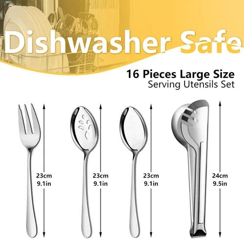 Miniatura 2 de Pleafind Juego de 16 utensilios de servir de acero inoxidable con cucharas de servir, cucharas de servir ranuradas, tenedores para servir y pinzas