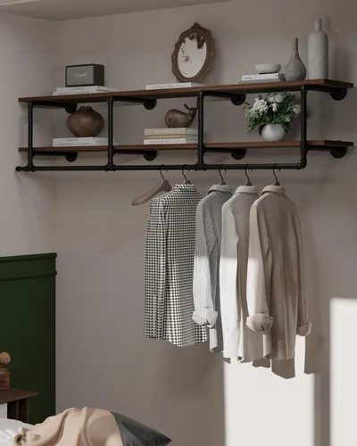 Miniatura 11 de Perchero montado en la pared de 12 pulgadas de profundidad, 42 pulgadas resistente con estante de madera de nogal real, barra de colgar multiusos