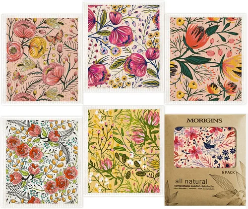 Miniatura 9 de Paños de cocina suecos para cocina, paquete de 6 paños de cocina de hojas verdes, paños de esponja de celulosa, toallas de papel reutilizables