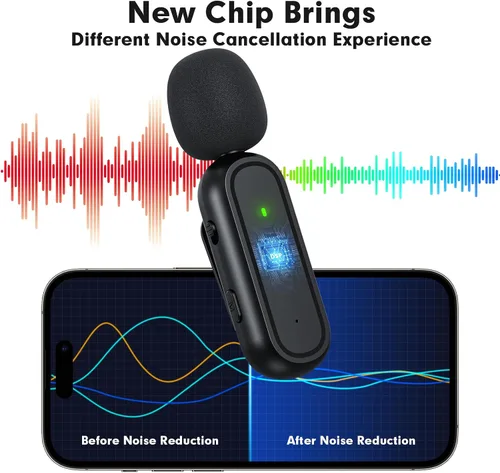 Miniatura 2 de Paquete de 2 micrófonos inalámbricos Lavalier para iPhone y Android, micrófono con clip de reducción de ruido Plug and Play con funda de carga