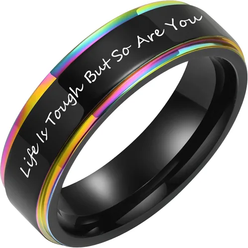 MPRAINBOW Joyería inspiradora de acero inoxidable, anillo de arco iris negro, cita motivadora oculta, grabado, animación, cumpleaños, graduación,
