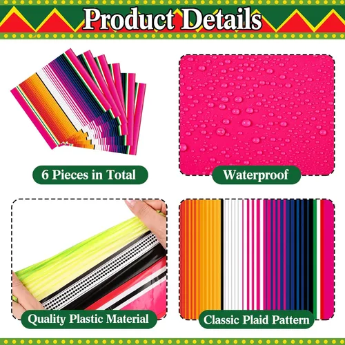 Miniatura 2 de Preboun 6 piezas de camino de mesa mexicano de plástico Dia De Los Muertos Serape Camino de mesa 14 x 108 Fiesta mexicana colorido a rayas para Rosa