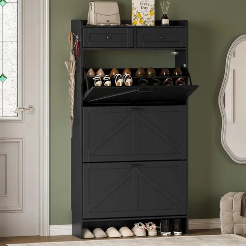 Miniatura 16 de BORNOON Gabinete de Almacenamiento de Zapatos para Entrada, Gabinete Estrecho de Zapatos Estilo Granja con 2 Cajones Abatibles y Cajones Superiores