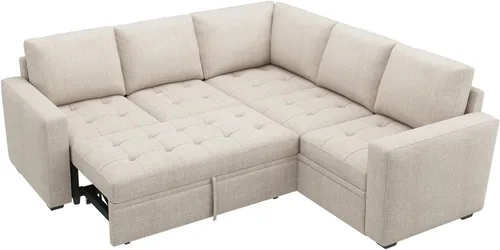 Miniatura 9 de HONBAY Sofá cama modular modular con cama extraíble, sofá en forma de L con asiento de almacenamiento, sofás seccionales para sala de estar, beige