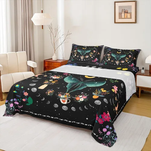 Miniatura 31 de Erosebridal Juego de sábanas de polilla de la muerte, diseño de calavera gótica, tamaño individual, juego de sábanas de flores botánicas con diseño
