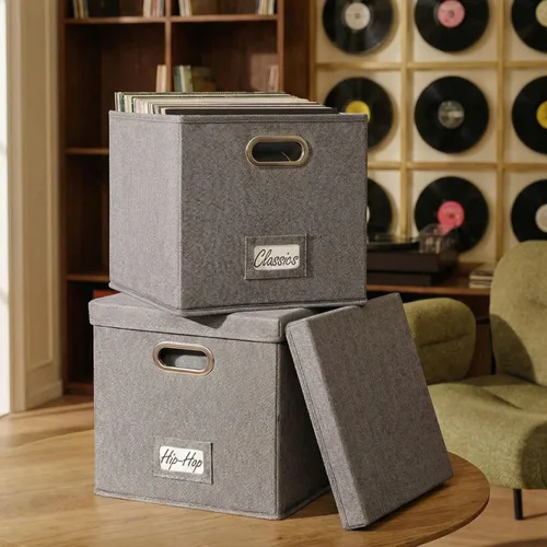 Miniatura 12 de ZICOTO Juego de caja de almacenamiento de discos de vinilo decorativa para más de 100 discos individuales, resistente y fácil de transportar
