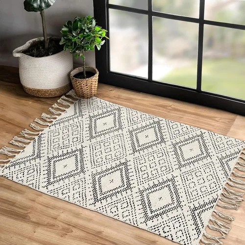 Miniatura 2 de Chardin home Alfombra bohemia con diamantes de 20 x 32 pulgadas, color marfil y negro, con flecos tejidos a mano, perfecta para entrada, felpudo