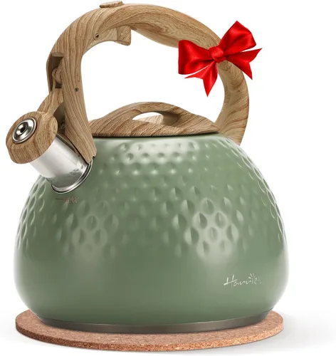 Tetera de Harriet para estufa, tetera de 2.5QT con silbato de 5 capas en la parte inferior, tetera de acero inoxidable de grado alimenticio con Verde