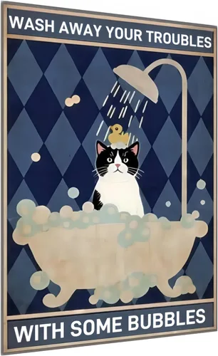 Cartel de lata vintage – Divertida decoración de pared de baño, "Wash Away Your Troubles with Some Bubbles", póster de metal con gato para el hogar,