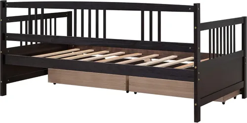 Miniatura 8 de Polibi Sofá cama de tamaño individual con dos cajones, marco de sofá cama de madera con rieles para sala de estar, dormitorio, color espresso