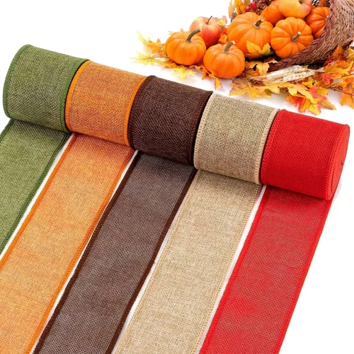 Cinta de arpillera de 5 colores para coronas, total de 27.3 yardas, cinta de borde con alambre de otoño para regalos, lazos de envoltura,
