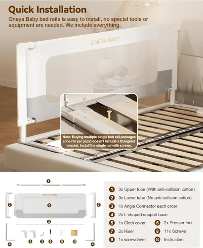 Miniatura 9 de Barandilla de cama para niños pequeños, protector de riel de cama de bebé grueso y reforzado para cama individual con bloqueo doble para niños