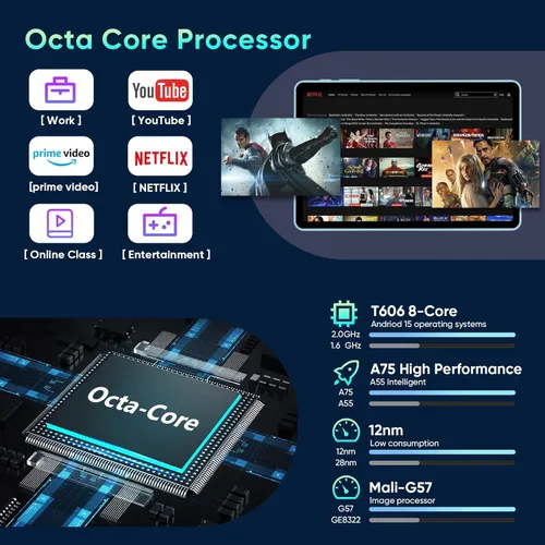 Miniatura 3 de JIKOCXN Tableta Android 15 de 10.1 pulgadas, 128 GB de almacenamiento 1TB Expand, procesadores Octa-Core, 6000mAh, Widevine L1, GPS, cámara dual
