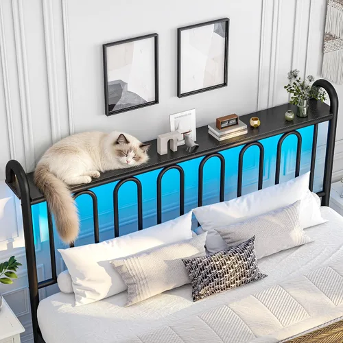 Miniatura 3 de Homkdom Base de cama tamaño King con cabecera de almacenamiento, marco de cama de metal clásico con luces LED y almacenamiento debajo de la cama