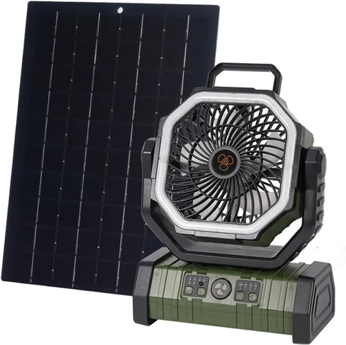 Miniatura 10 de Ventilador solar de campamento de 20000 mAh con panel solar de 10 W, banco de energía solar recargable para exteriores, linterna LED, tienda