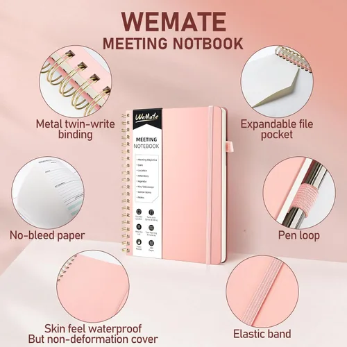 Miniatura 6 de WEMATE Cuaderno de reuniones para el trabajo B5 (7"x10") - Cuaderno de trabajo de cuero PU con agenda, elementos de acción y notas - 200 páginas Oro