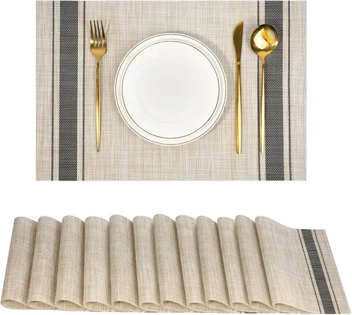 Miniatura 30 de Juego de 6 manteles individuales, antideslizantes, tejido de PVC, fáciles de limpiar, resistentes al calor, para cocina, comedor, decoración Beige