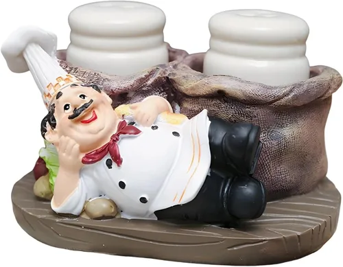 Juego de salero y pimentero, estatua decorativa de chef sentado, organizador de especias, tarros de especias de vidrio con soporte, figura de regalo
