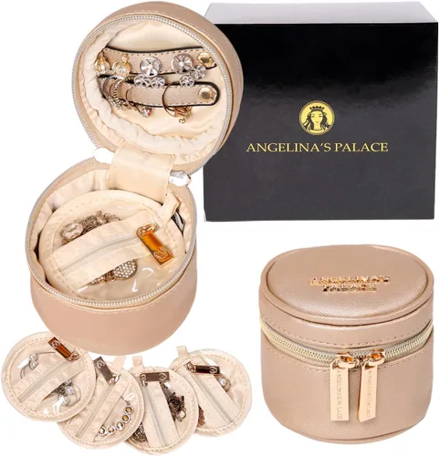 Angelina's Palace Organizador redondo de joyas, bolsa de viaje, regalos de dama de honor, caja de cuero vegano para collar, aretes, pulsera, anillo