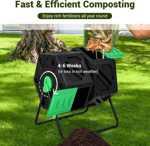Miniatura 2 de Goplus Contenedor de compostaje, vaso de compostaje de doble cámara de 34.5 galones con 2 cámaras giratorias, puertas corredizas, compostador