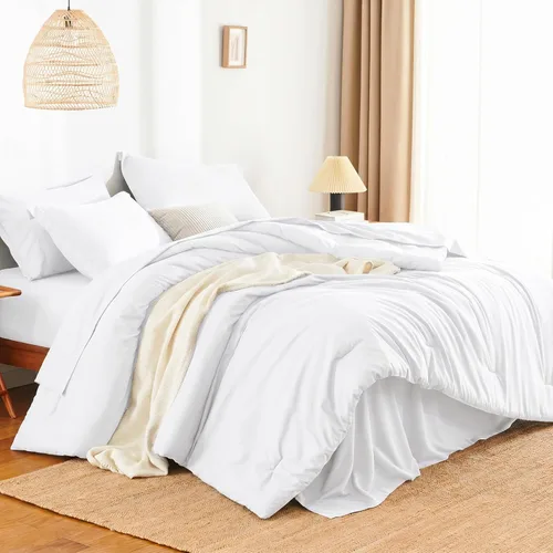 Miniatura 3 de Juego de edredón blanco queen, 7 piezas cama en una bolsa, juego ligero de ropa de cama queen, juego de 7 piezas para todas las estaciones, suave