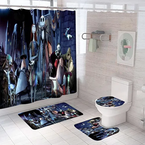 Juego de 4 cortinas de ducha de Navidad para niños, decoración de Halloween y Navidad con 12 ganchos de cortina para baño, impermeable, 71 x 71